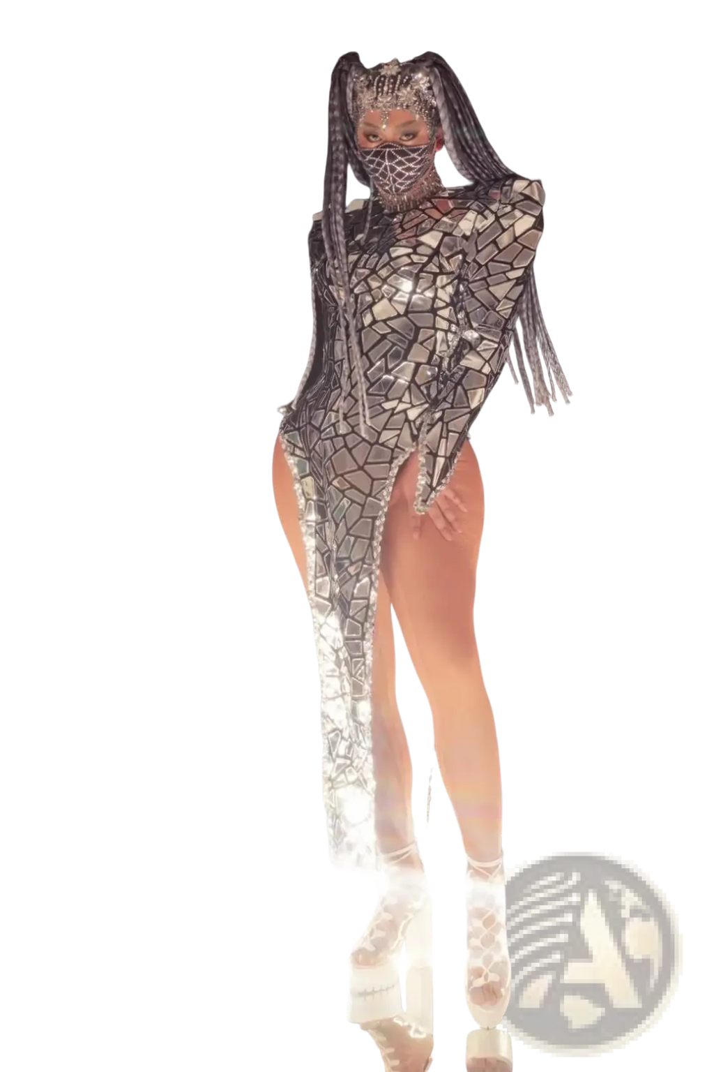 Silver sequin high slit stage performance dress in shimmering silver mosaic bodysuit with long flowing fringe details