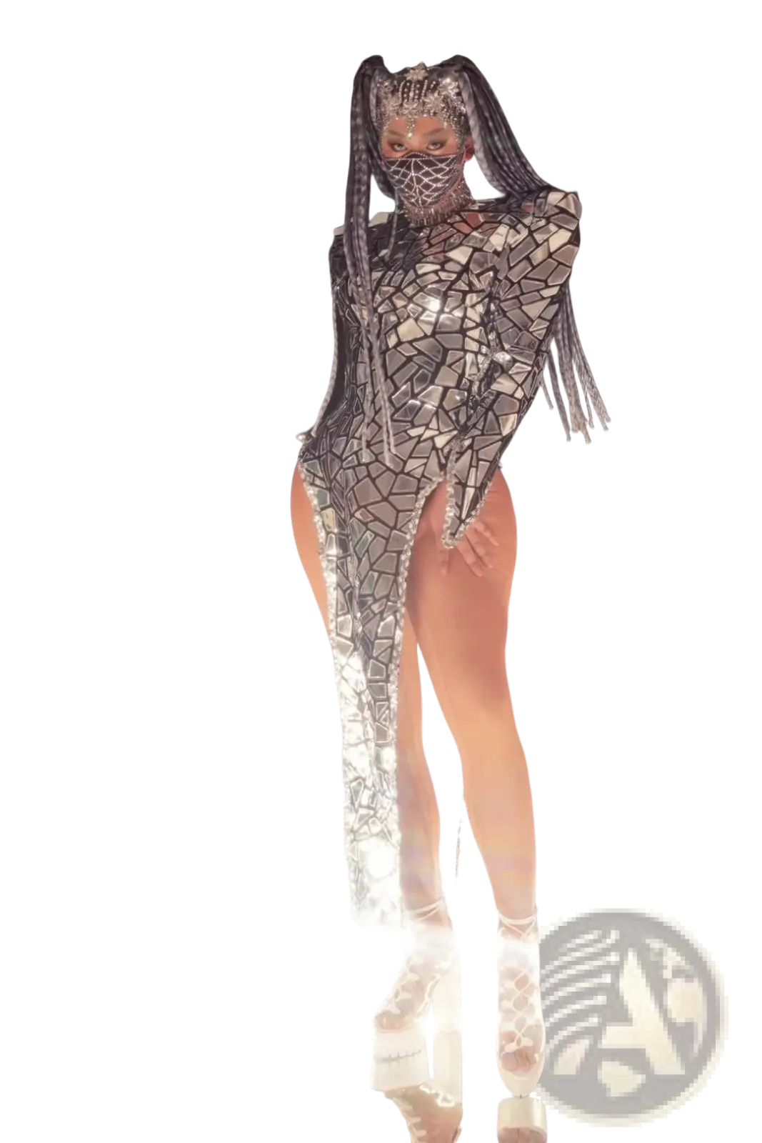 Silver sequin high slit stage performance dress in shimmering silver mosaic bodysuit with long flowing fringe details