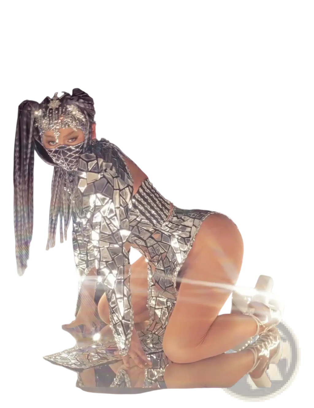 Silver sequin high slit stage performance dress featuring a shimmering silver mosaic bodysuit with reflective panels and matching face mask