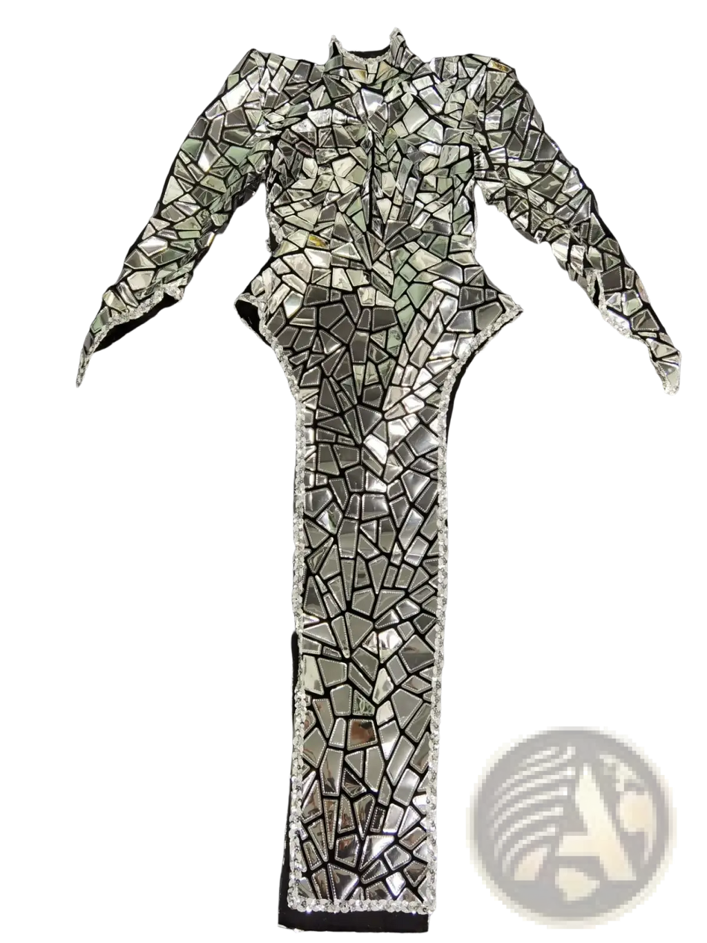 A silver sequin high slit stage performance dress featuring a shimmering jumpsuit with fragmented silver mirrors and rhinestones