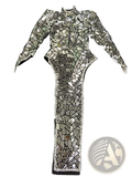 A silver sequin high slit stage performance dress featuring a shimmering jumpsuit with fragmented silver mirrors and rhinestones