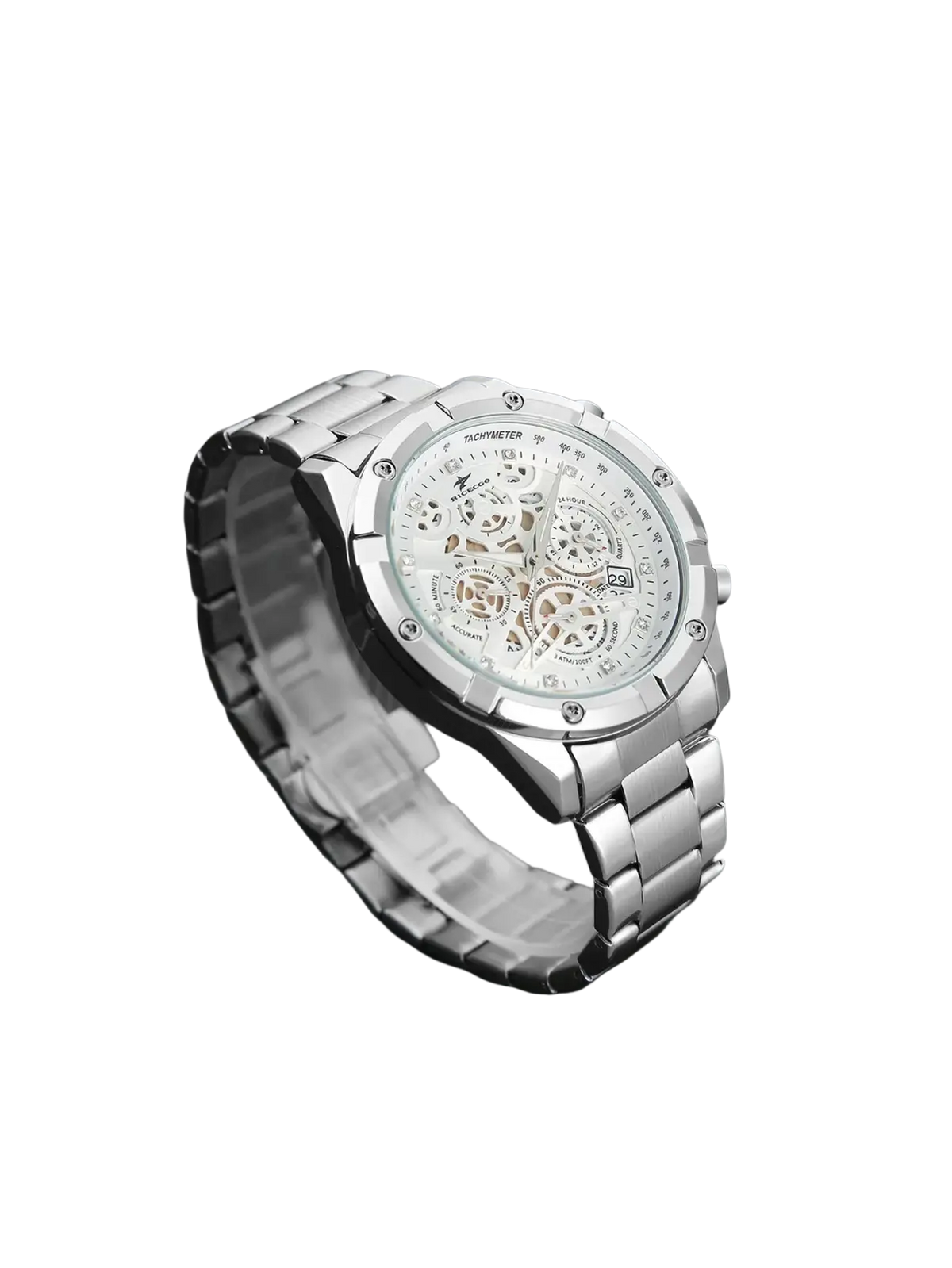 Silver skeleton chronograph watch with exposed gears and stainless steel metallic band for elegant timekeeping