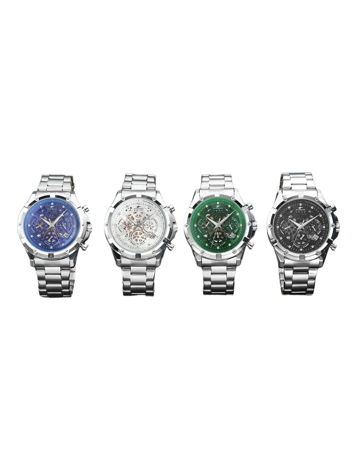 Four stainless steel silver skeleton chronograph watches with blue white skeletonized green and black dials displayed