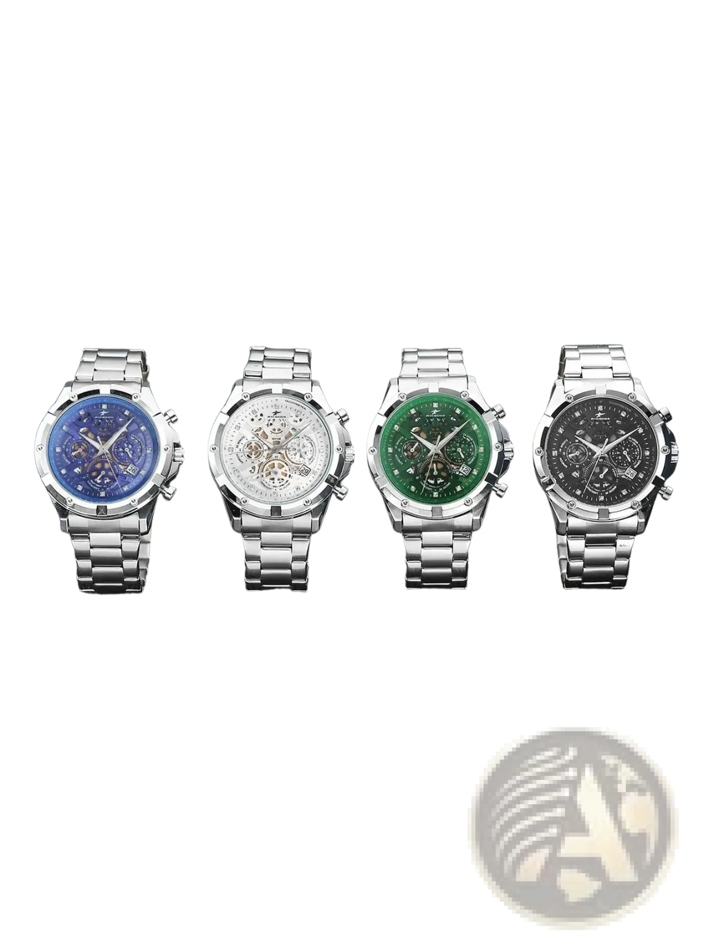 Four stainless steel silver skeleton chronograph watches with blue white skeletonized green and black dials displayed
