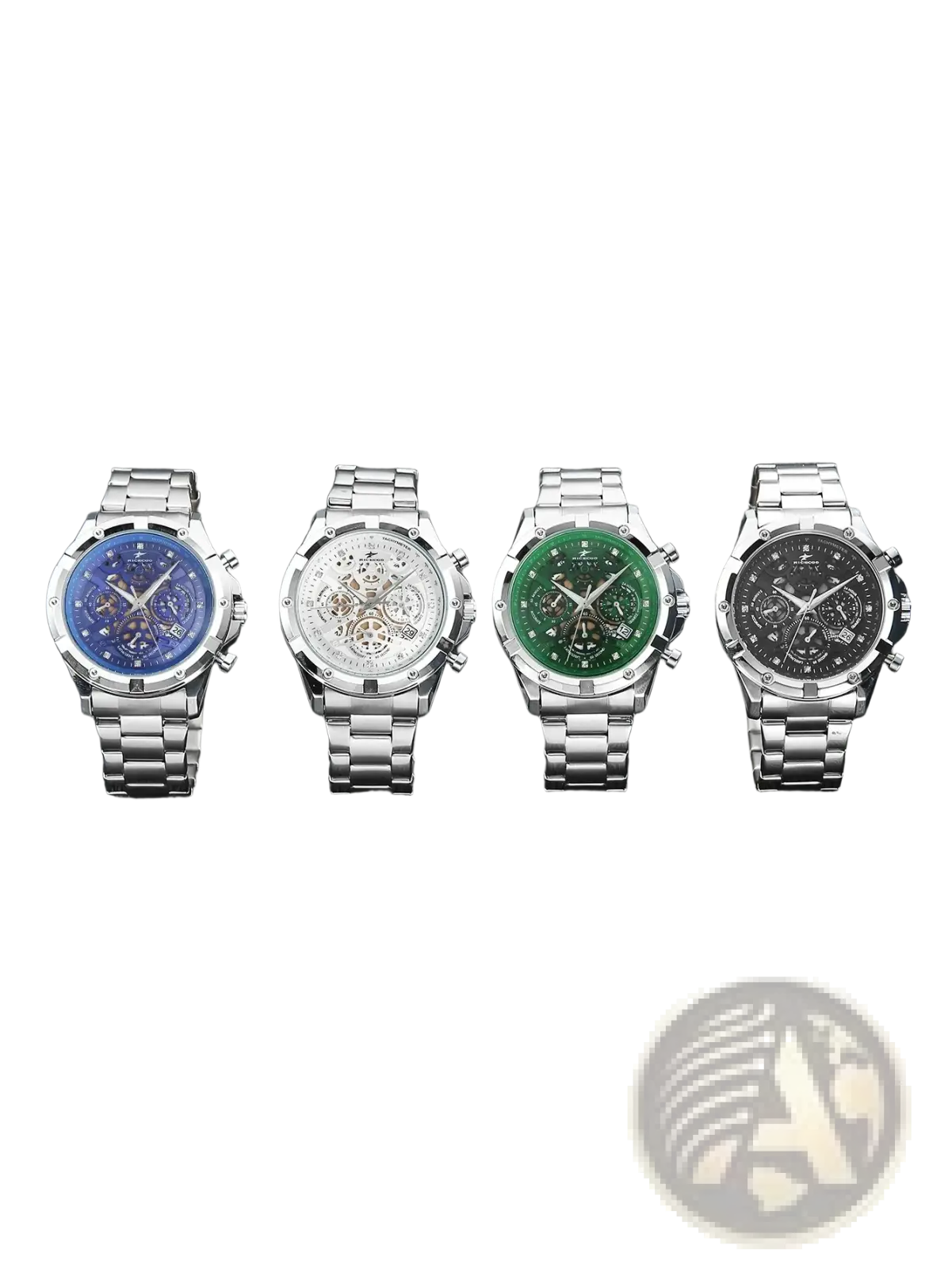 Four stainless steel silver skeleton chronograph watches with blue white skeletonized green and black dials displayed