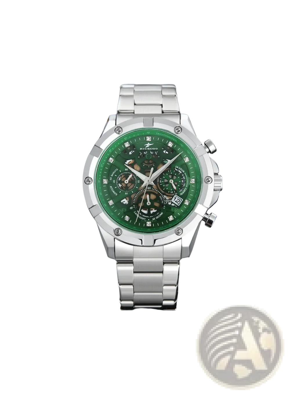 Silver skeleton chronograph watch with a vibrant green dial, diamond hour markers, and stainless steel band