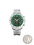 Silver skeleton chronograph watch with a vibrant green dial, diamond hour markers, and stainless steel band