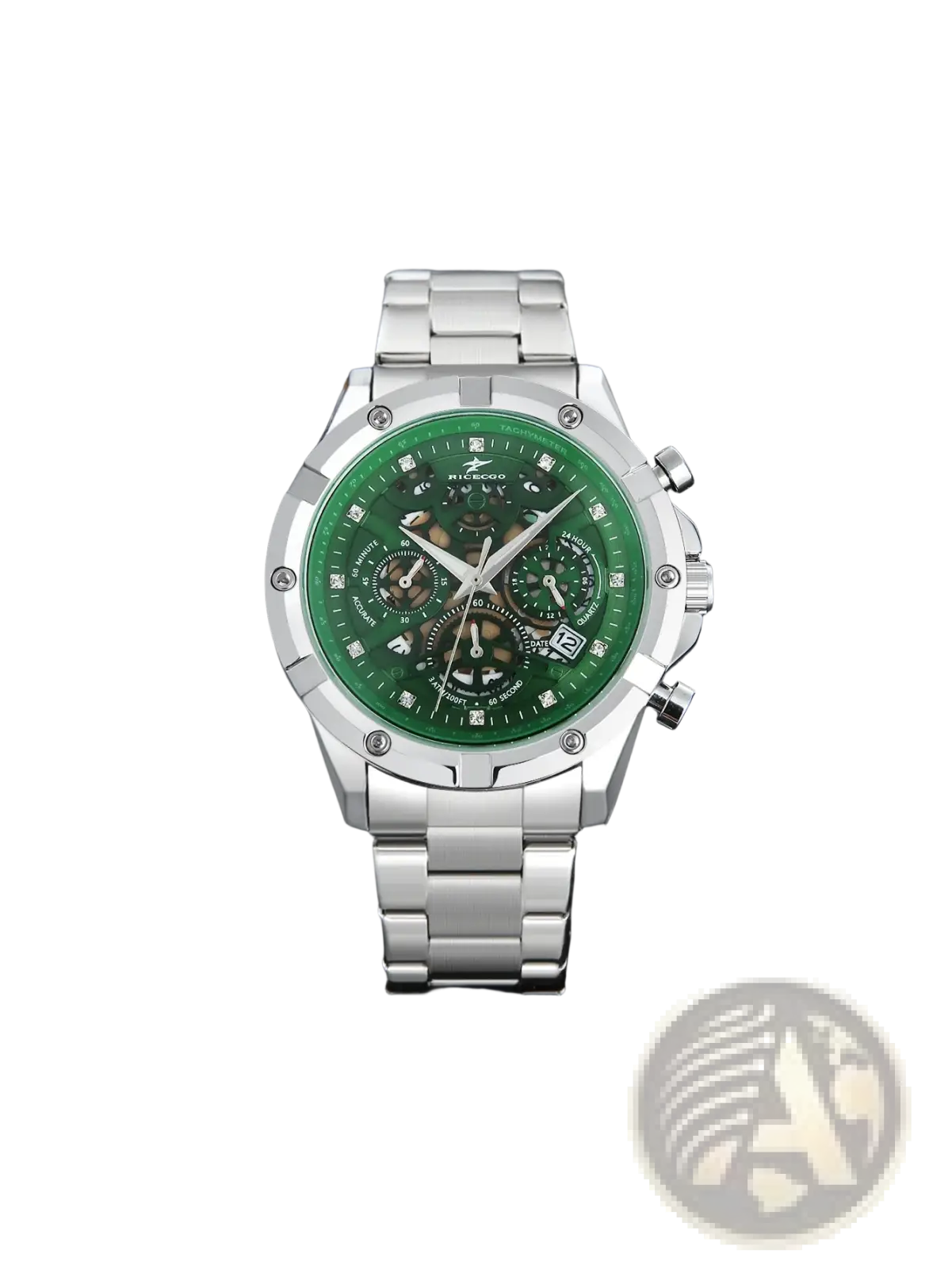Silver skeleton chronograph watch with a vibrant green dial, diamond hour markers, and stainless steel band