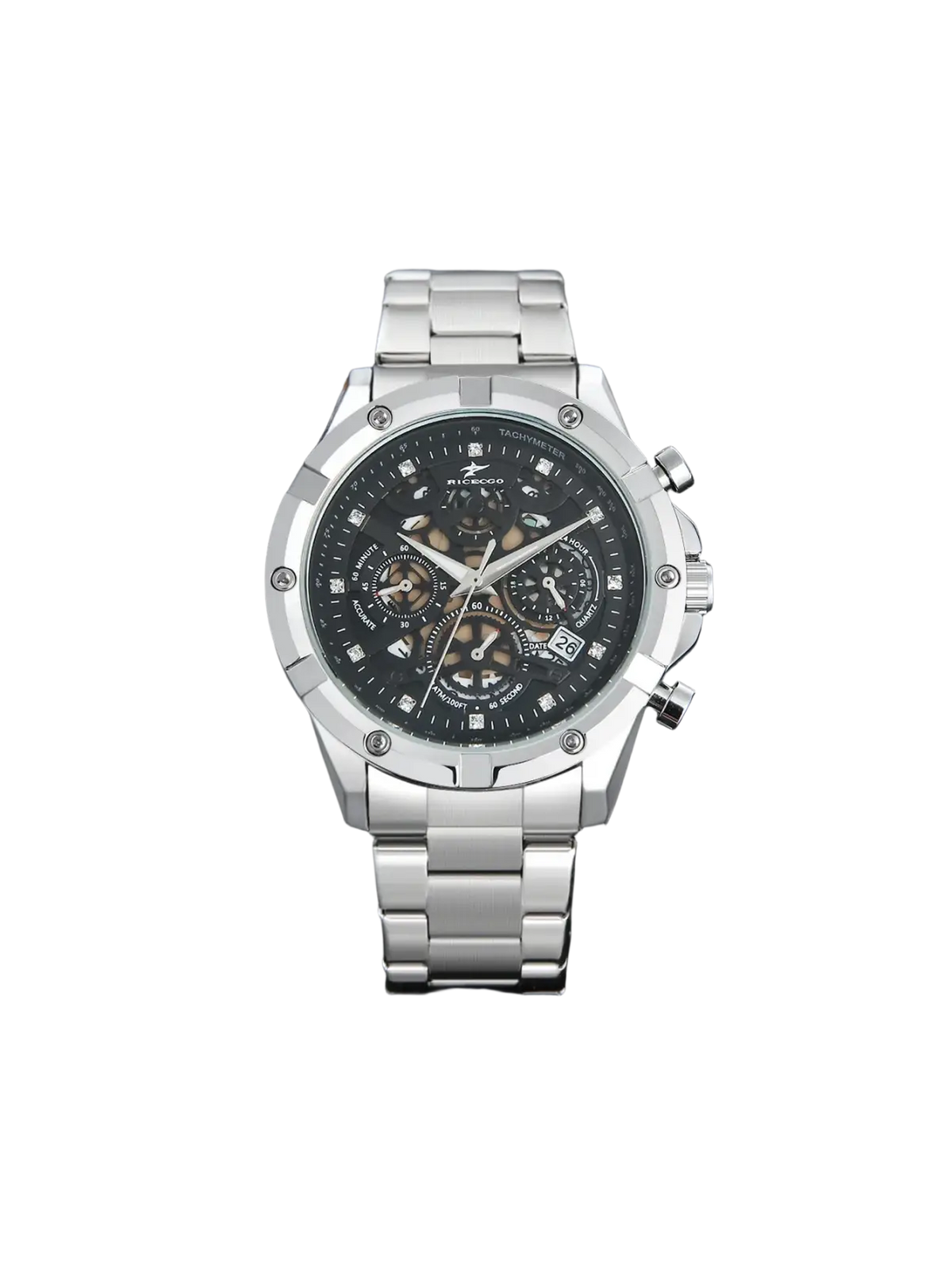 Silver skeleton chronograph watch with black dial diamond accents multiple subdials stainless steel case and band