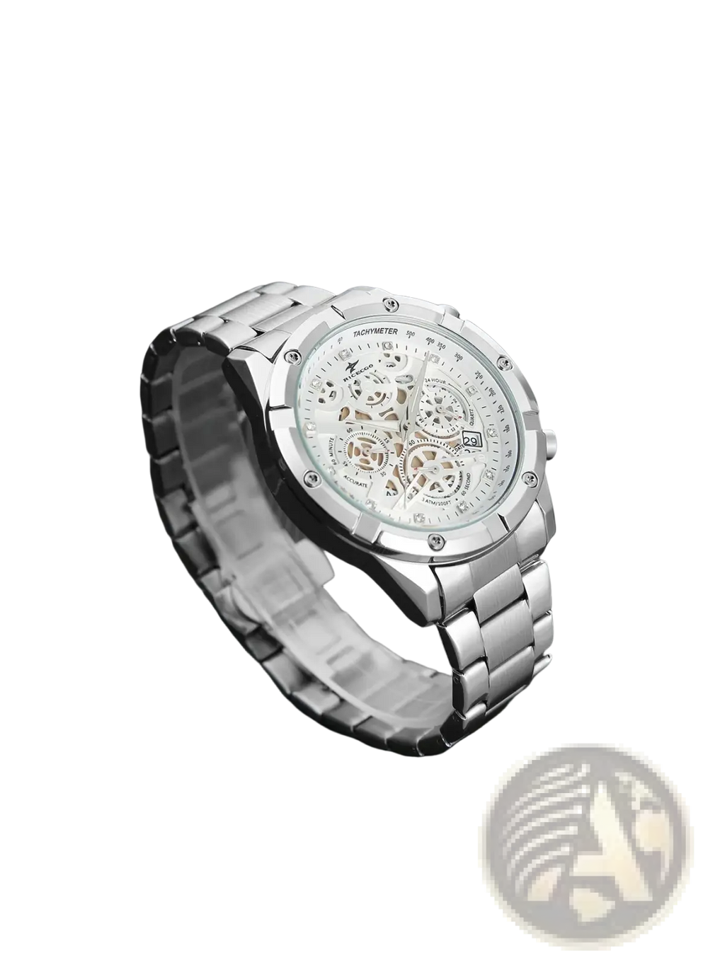 Silver skeleton chronograph watch with exposed gears and stainless steel metallic band for elegant timekeeping
