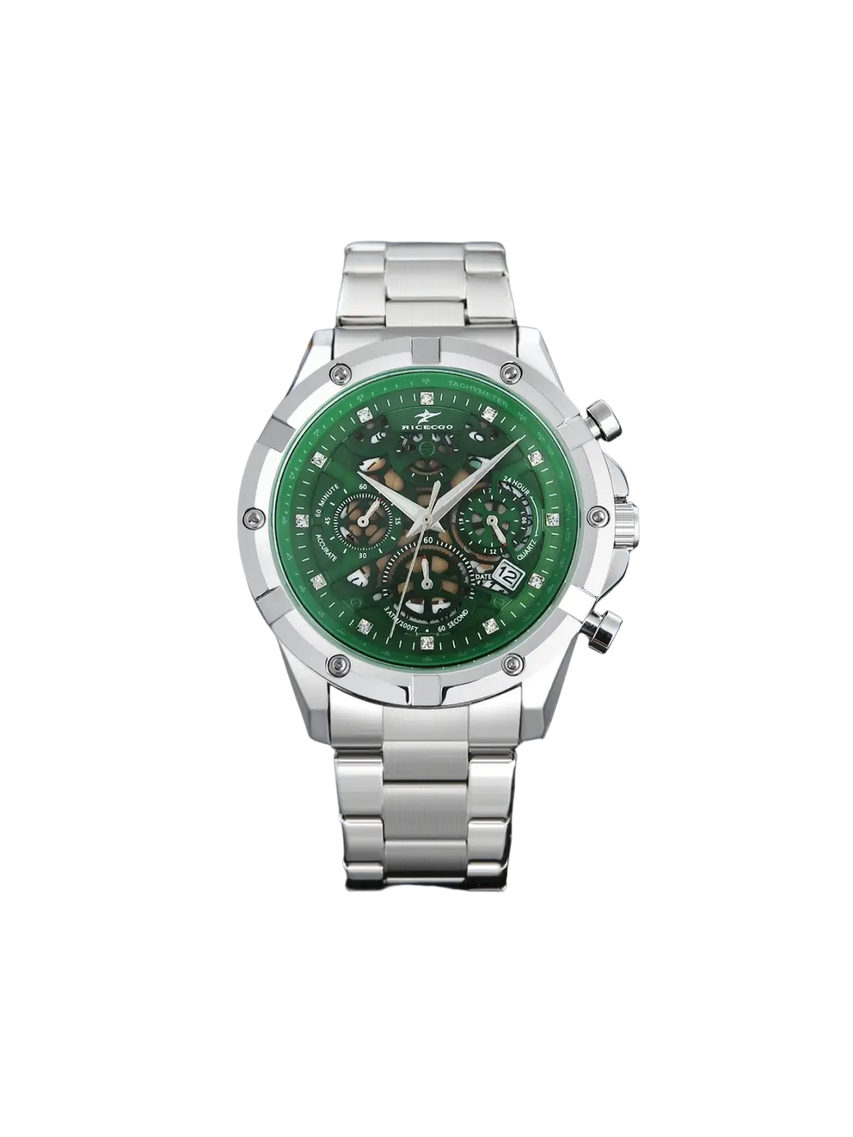 Silver skeleton chronograph watch with a vibrant green dial, diamond hour markers, and stainless steel band