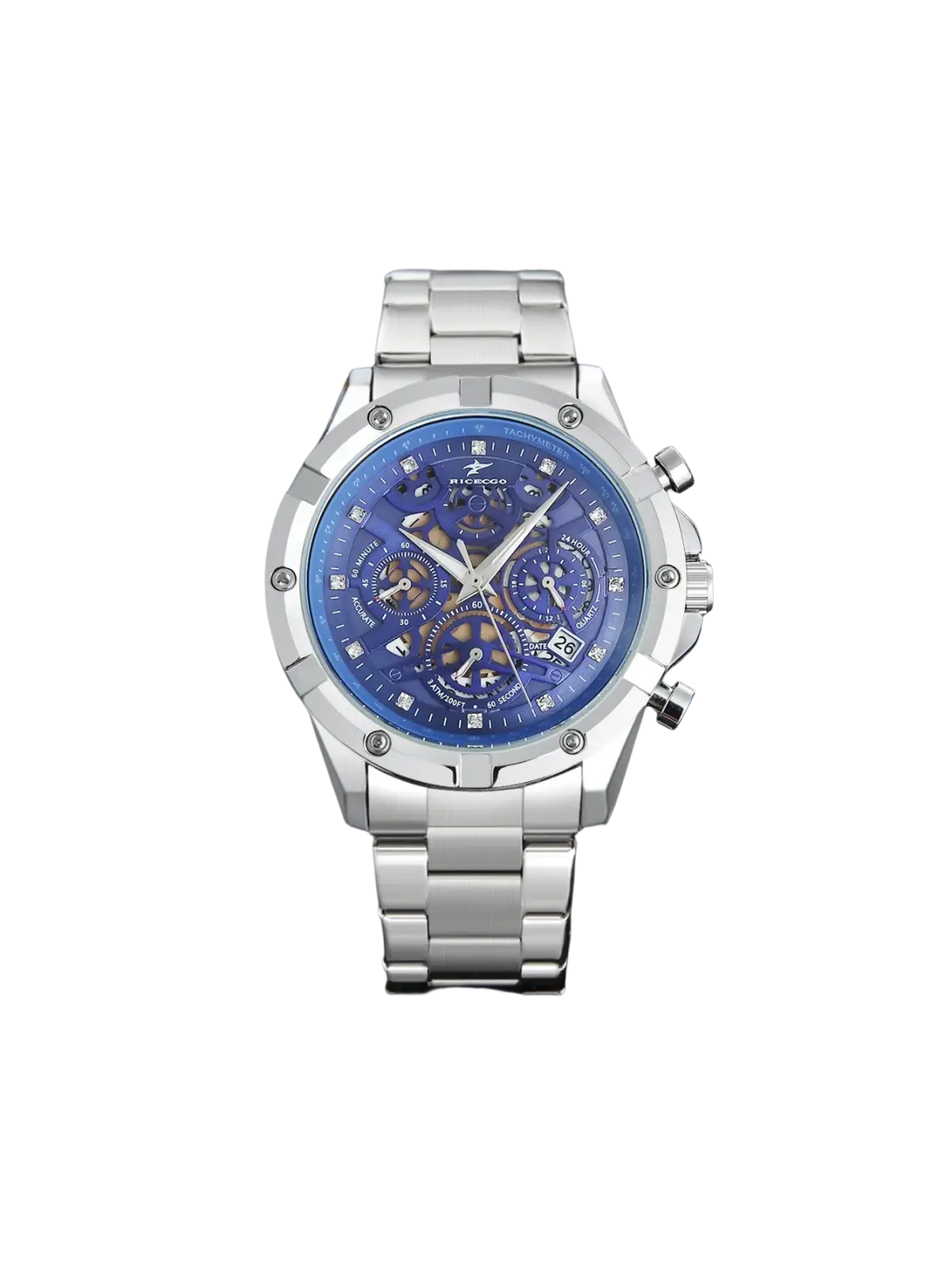 Silver skeleton chronograph watch in stainless steel with a vibrant blue dial diamond accents and sicceo branding
