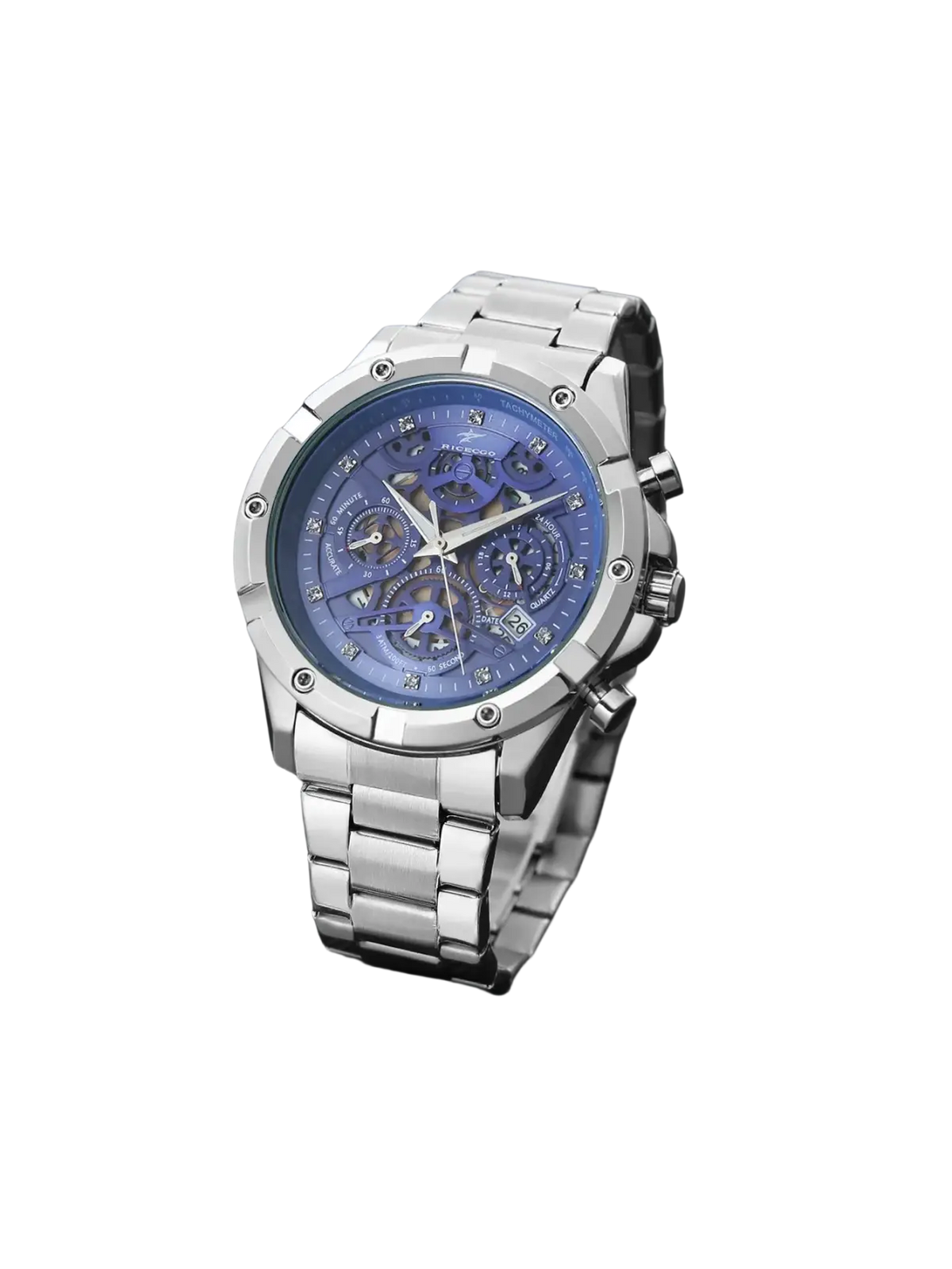 Silver skeleton chronograph watch with blue skeleton dial diamond accents and stainless steel case and band