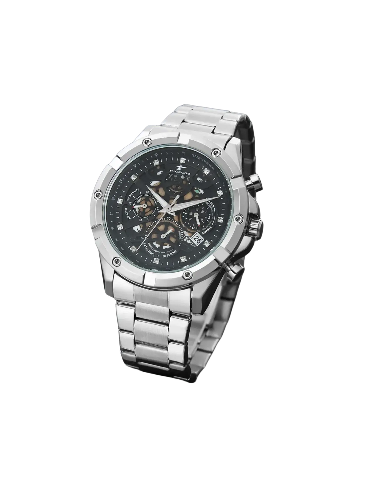 Silver skeleton chronograph watch with black dial diamond accents and polished stainless steel link bracelet