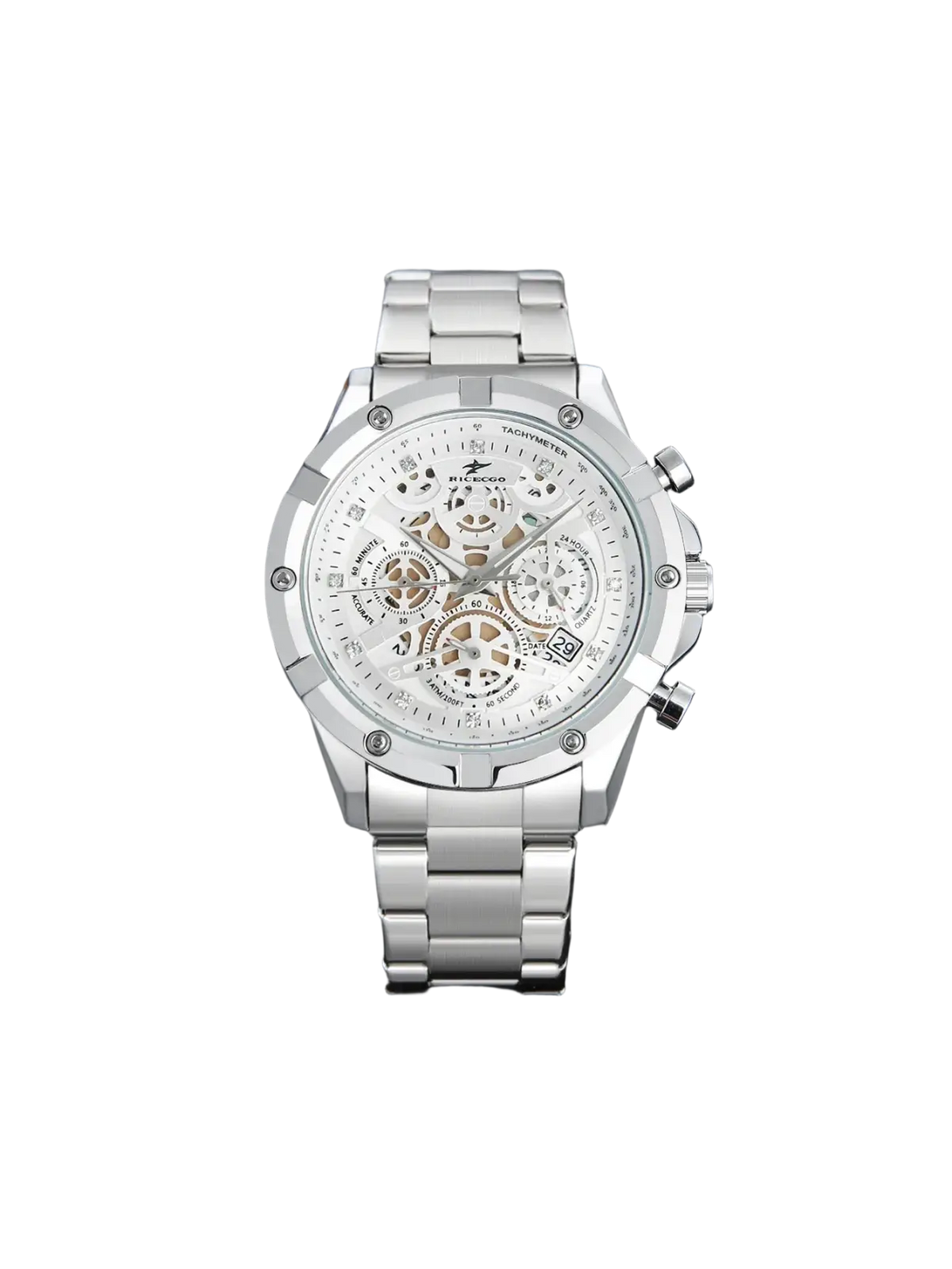 Silver skeleton chronograph watch with transparent face, intricate gears, date window, and polished stainless steel bracelet