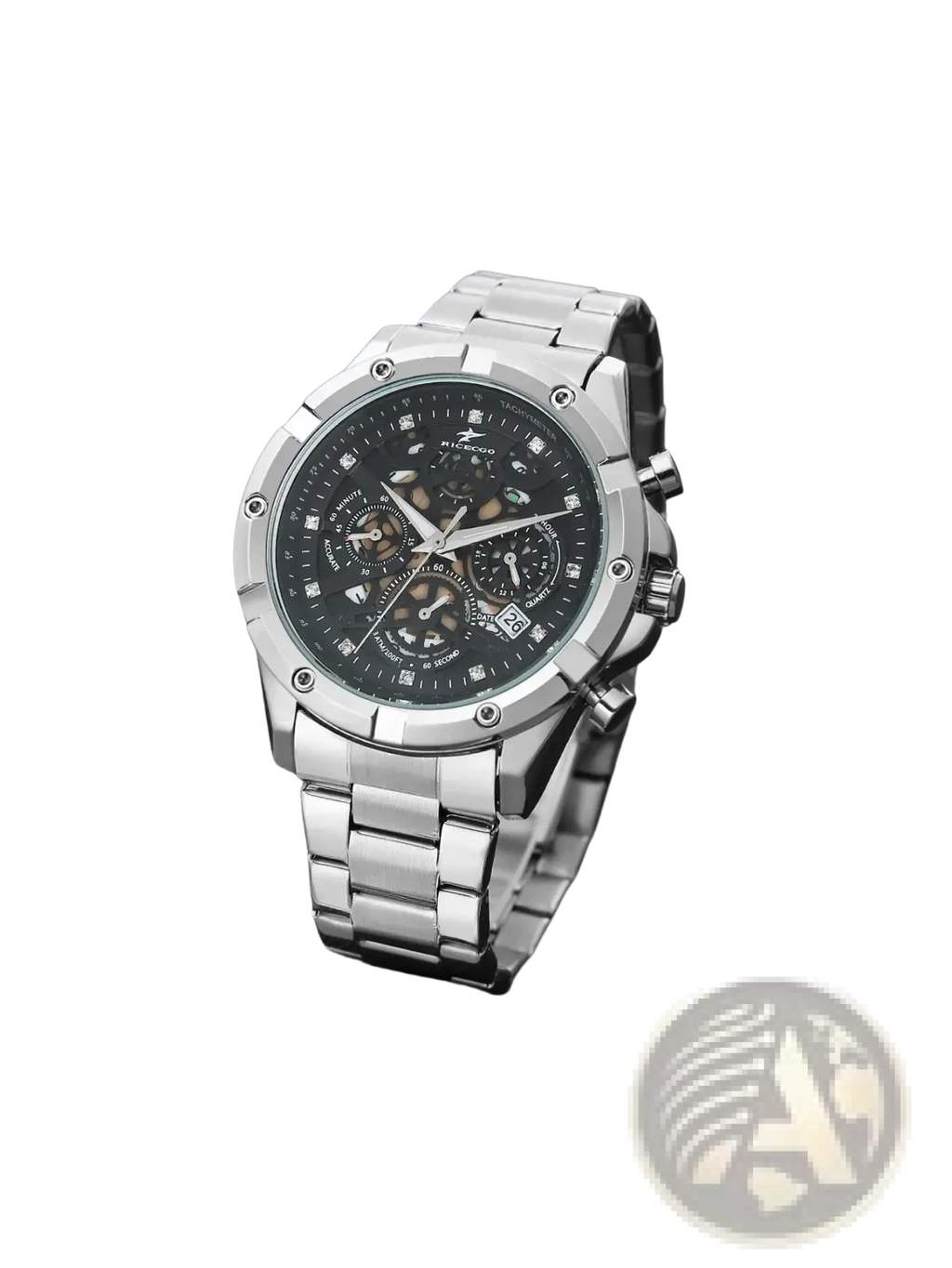 Silver skeleton chronograph watch with black dial diamond accents and polished stainless steel link bracelet