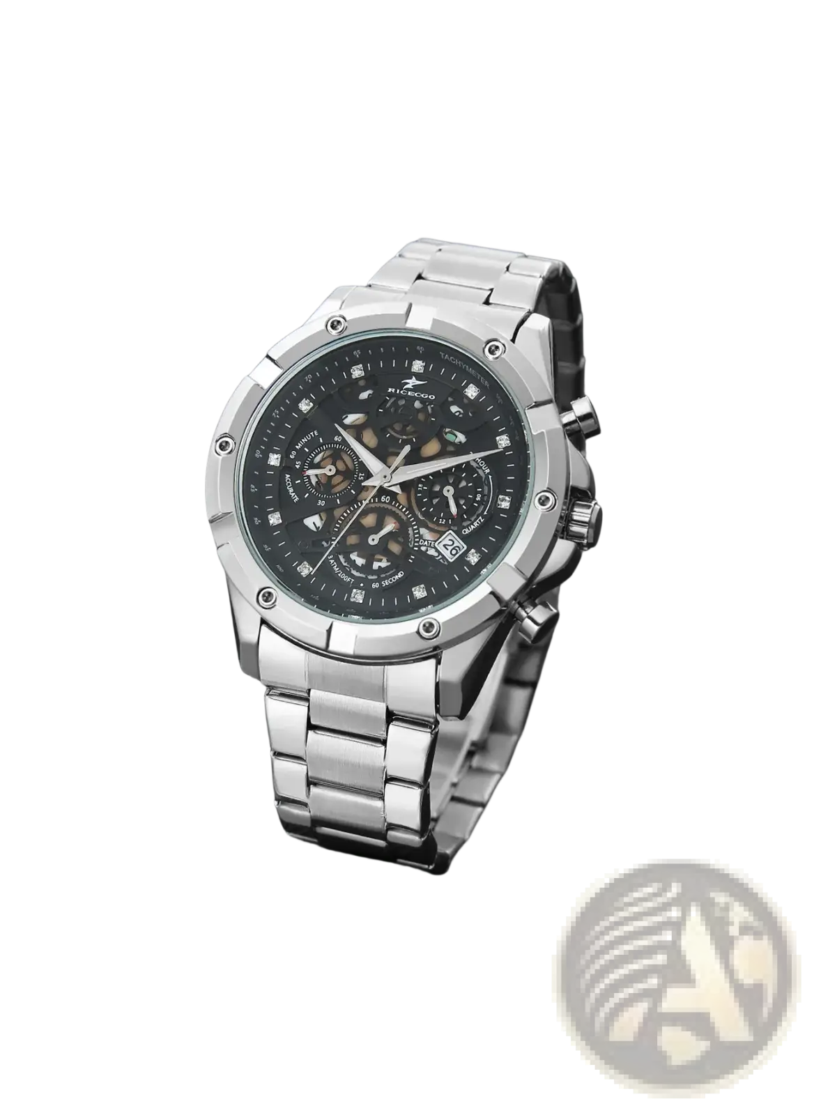 Silver skeleton chronograph watch with black dial diamond accents and polished stainless steel link bracelet