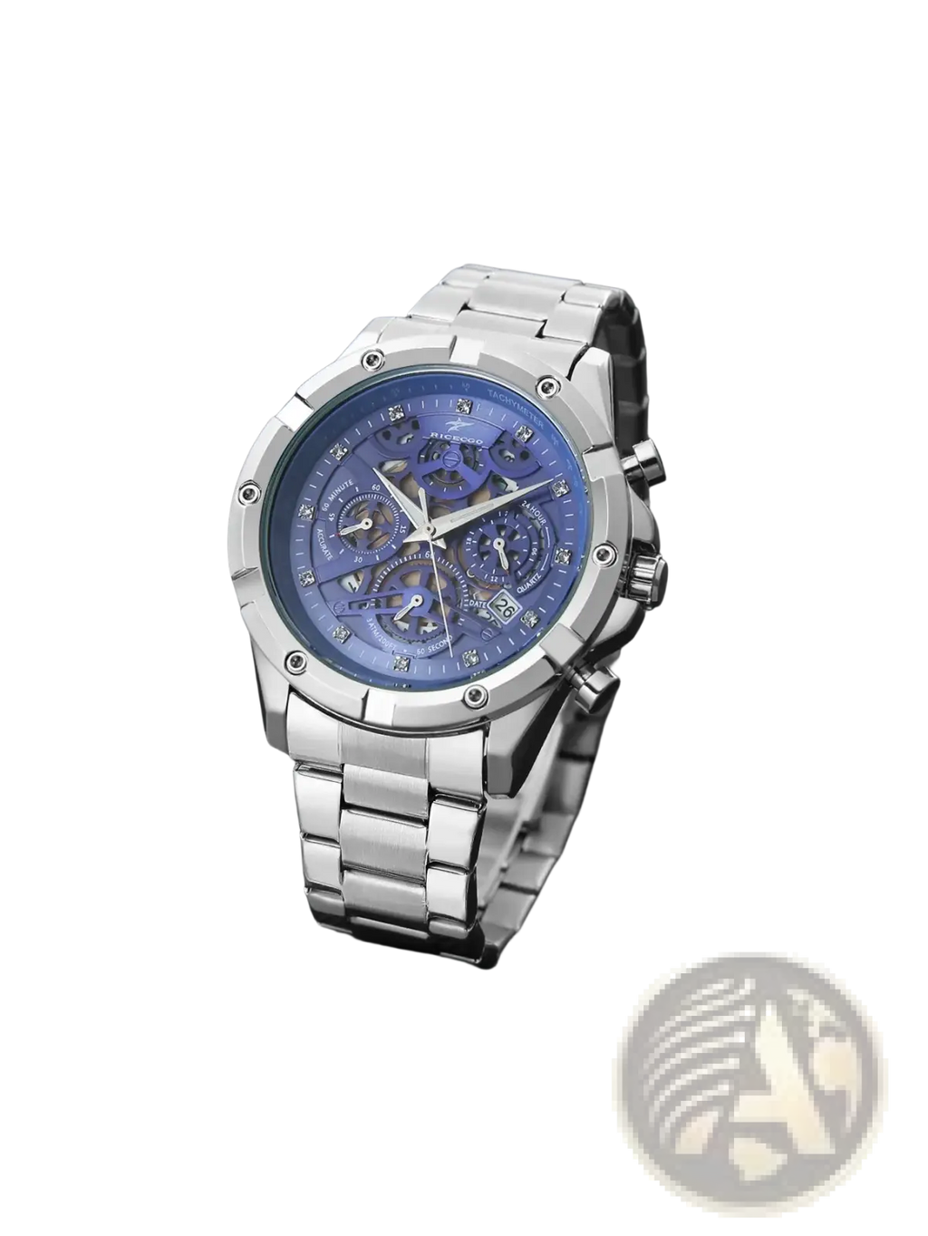 Silver skeleton chronograph watch with blue skeleton dial diamond accents and stainless steel case and band