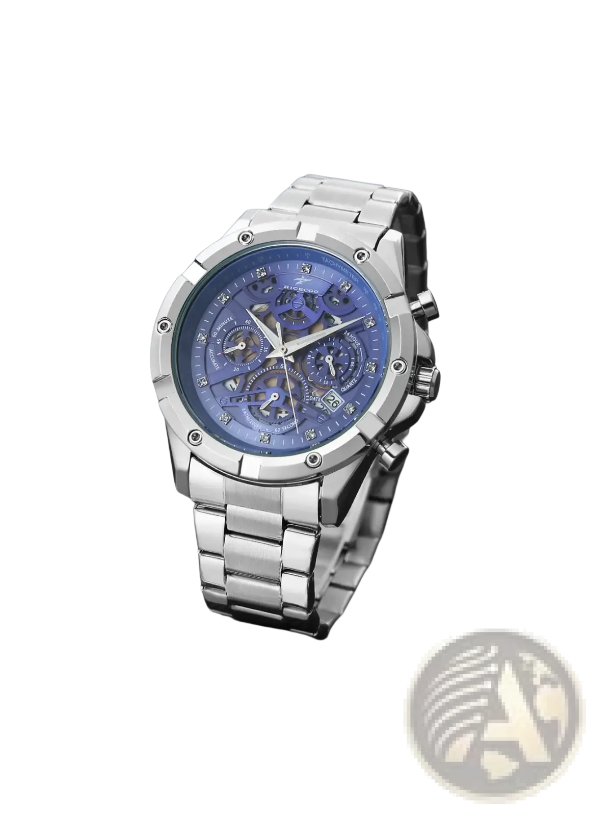 Silver skeleton chronograph watch with blue skeleton dial diamond accents and stainless steel case and band