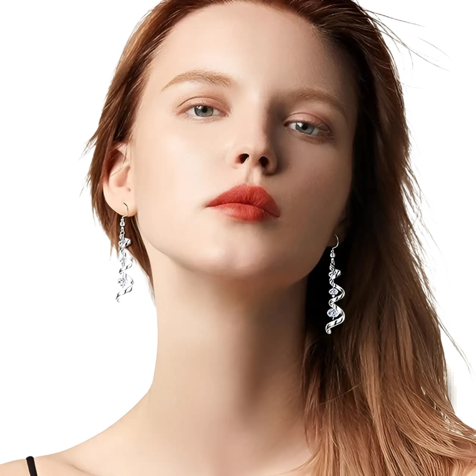 Silver spiral crystal teardrop dangle earrings featuring silver spiral drop design with embedded clear crystals