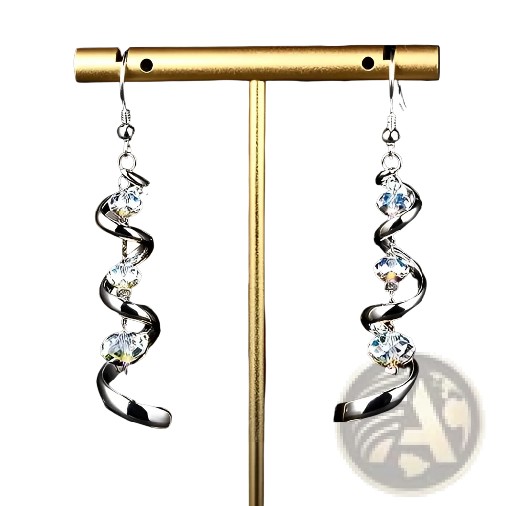 Silver spiral crystal teardrop dangle earrings featuring clear faceted crystals on a silver spiral design