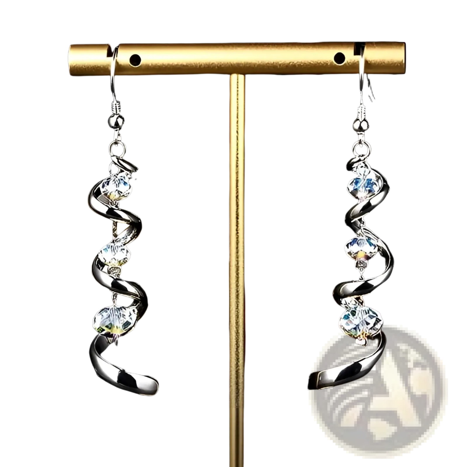 Silver spiral crystal teardrop dangle earrings featuring clear faceted crystals on a silver spiral design