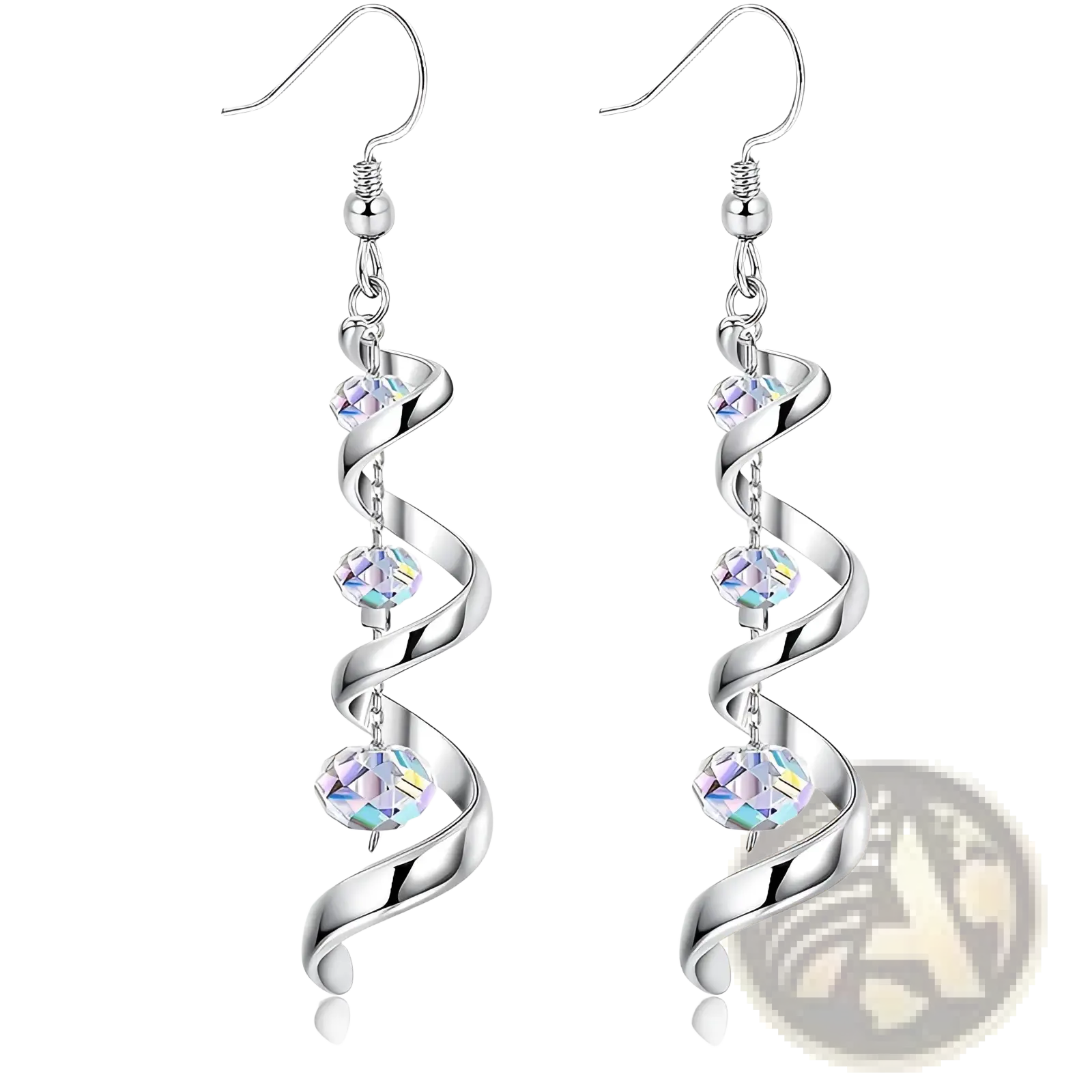 Silver spiral crystal teardrop dangle earrings featuring three iridescent crystal beads on a silver spiral design