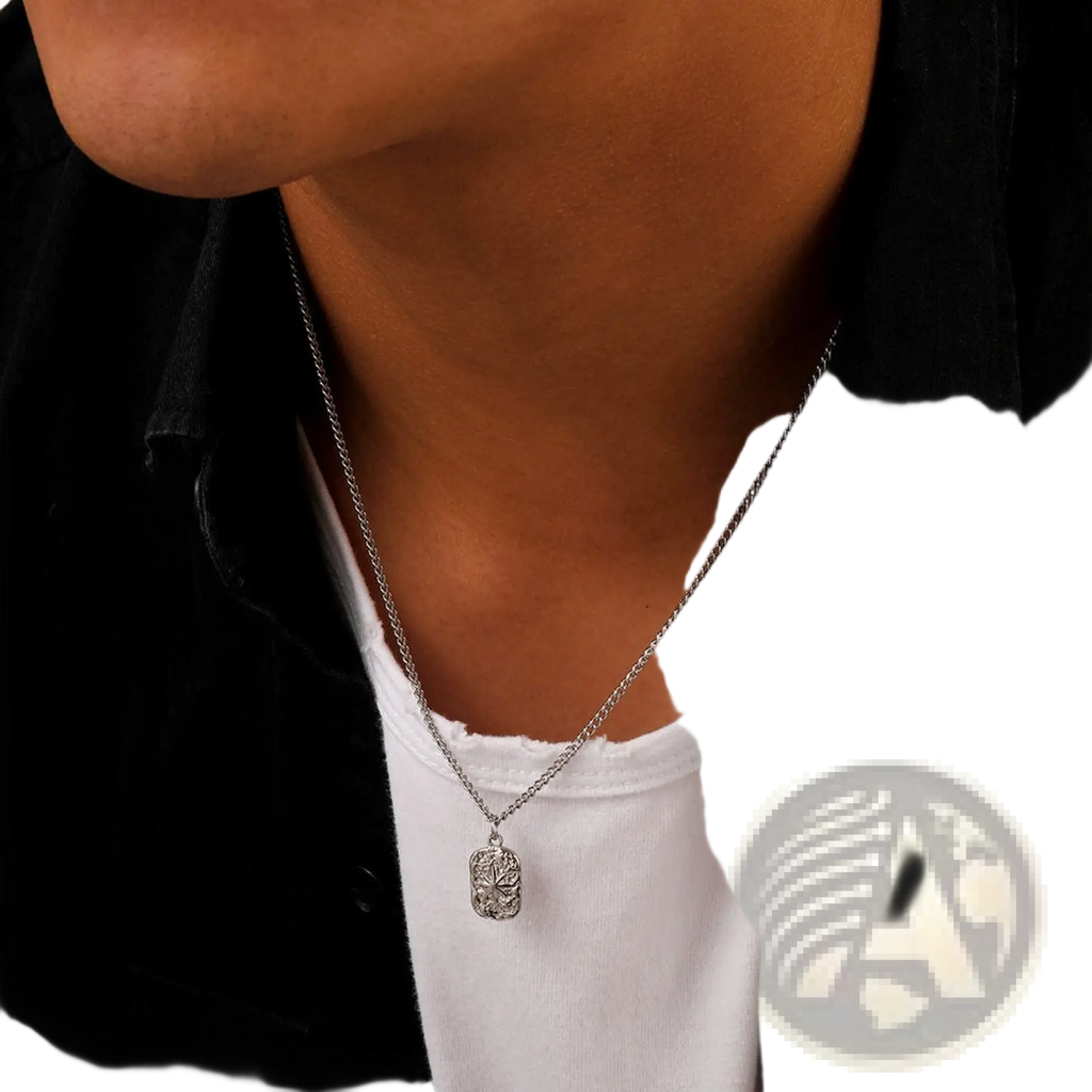 Silver square pendant necklace for men with an intricately engraved rectangular charm on a fine chain