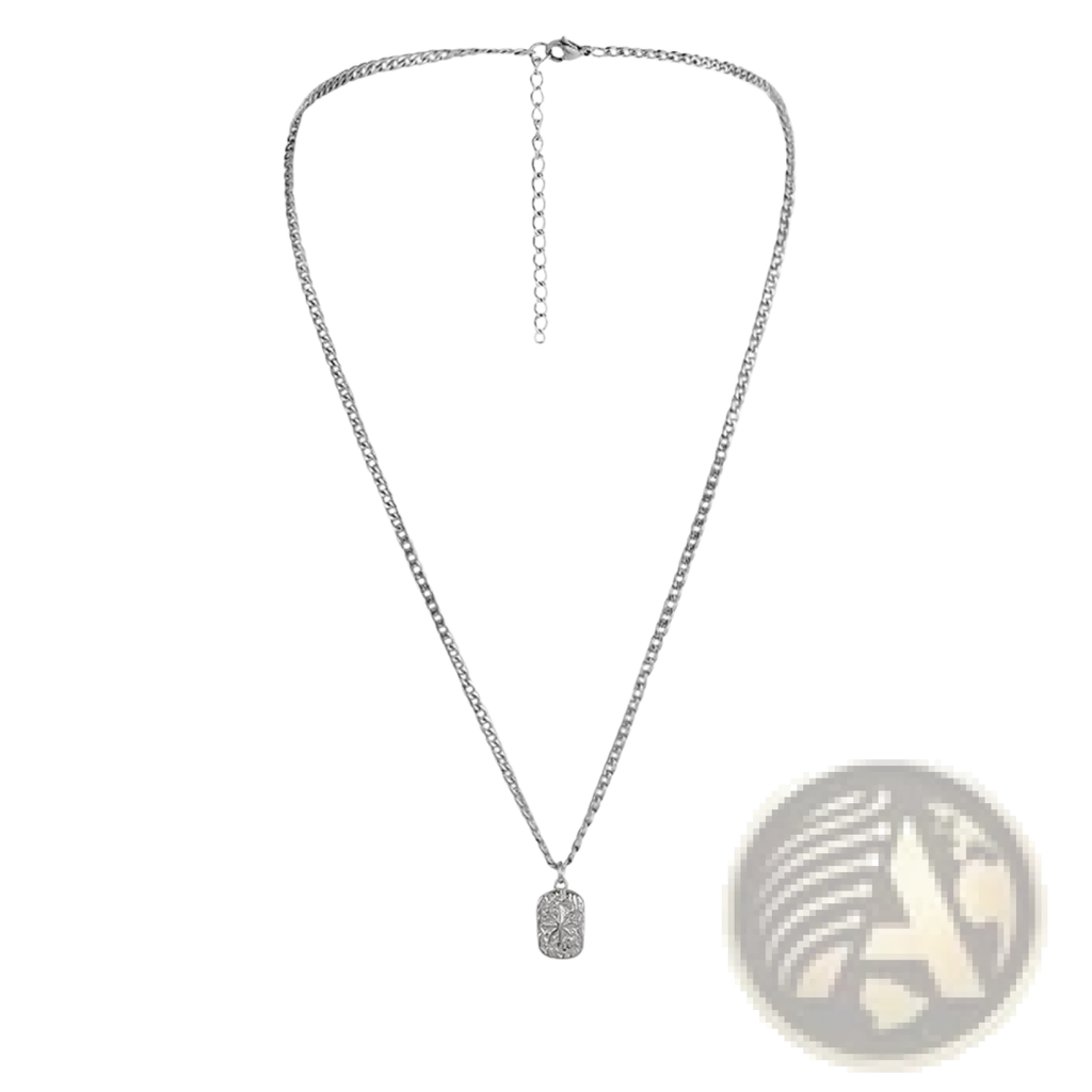 Silver square pendant necklace for men with a silver chain and rectangular pendant featuring engraved floral design