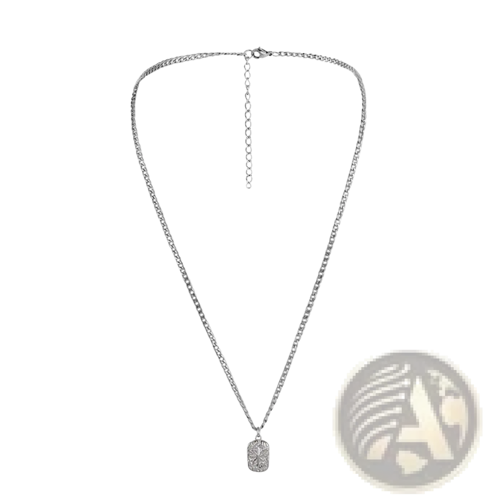 Silver square pendant necklace for men featuring a silver chain with a rectangular textured pendant