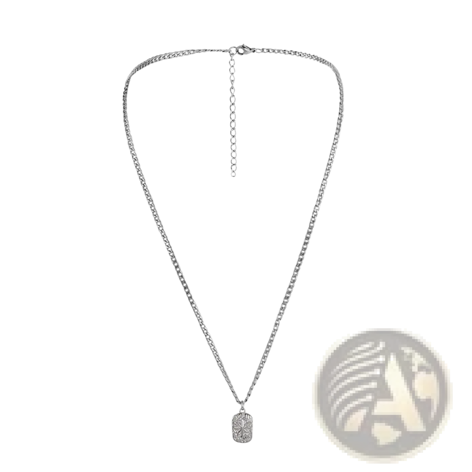 Silver square pendant necklace for men featuring a silver chain with a rectangular textured pendant