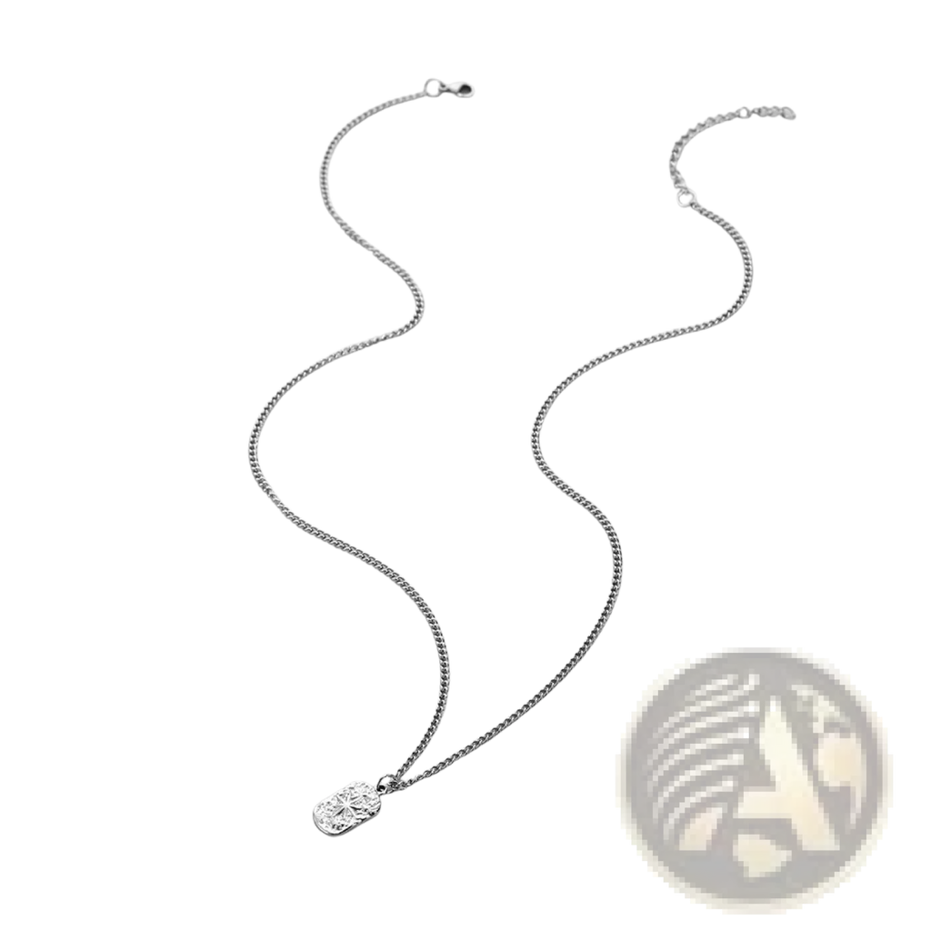 Silver square pendant necklace for men featuring a silver chain with a delicate oval pendant and intricate starburst pattern