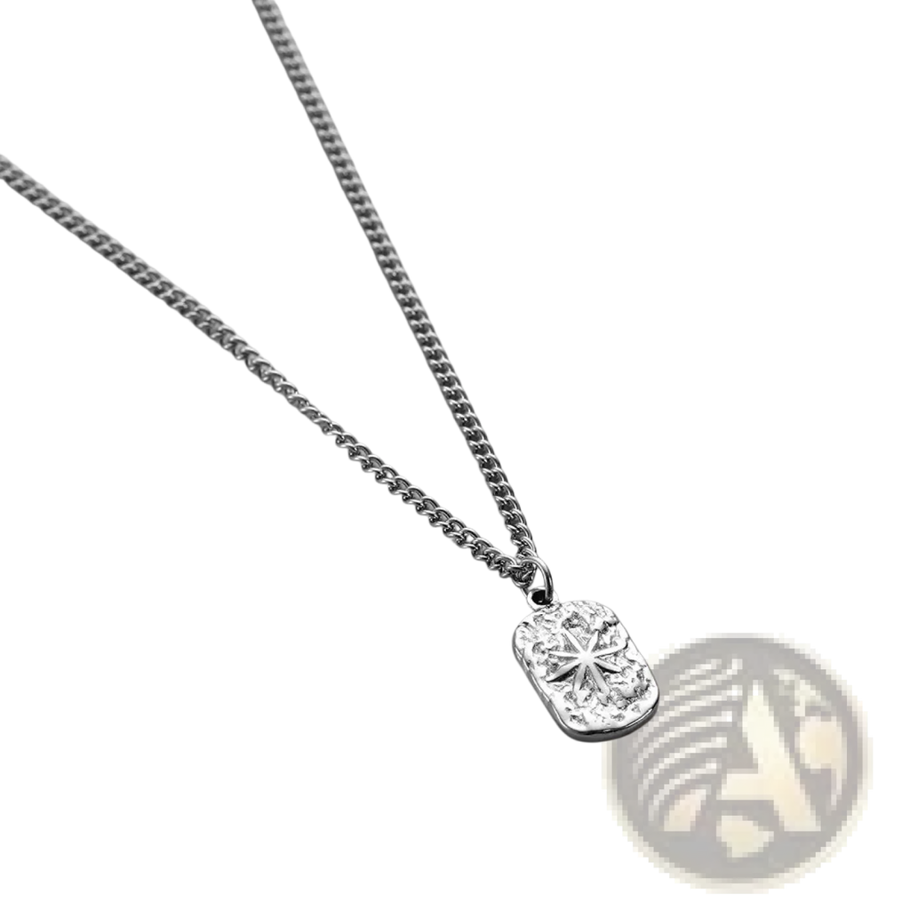 Silver square pendant necklace for men with a silver-toned rectangular textured starburst design on the front