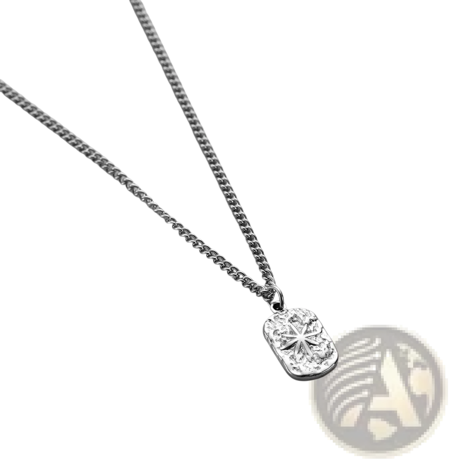 Silver square pendant necklace for men with a silver-toned rectangular textured starburst design on the front
