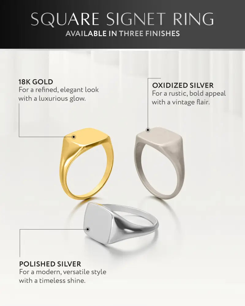 Polished silver square signet ring in 316l stainless steel available in 18k gold oxidized and polished silver finishes