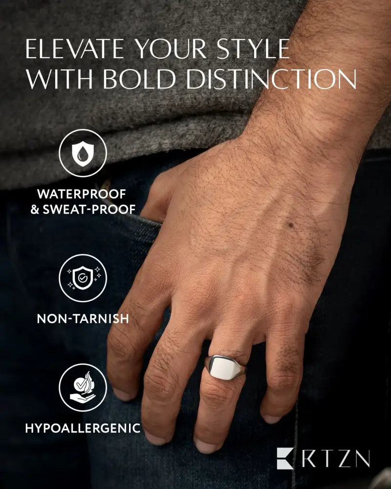 Polished silver square signet ring in 316l stainless steel with a smooth rectangular face and polished edges