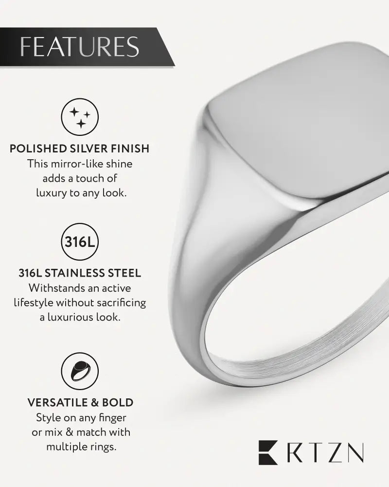 Polished silver square signet ring with a smooth rectangular face and sturdy 316l stainless steel band
