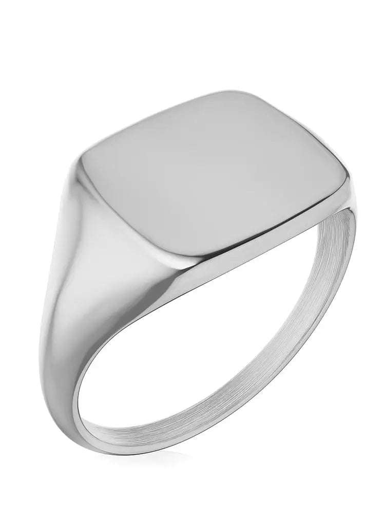 Polished silver square signet ring in 316l stainless steel with smooth rectangular face and brushed band