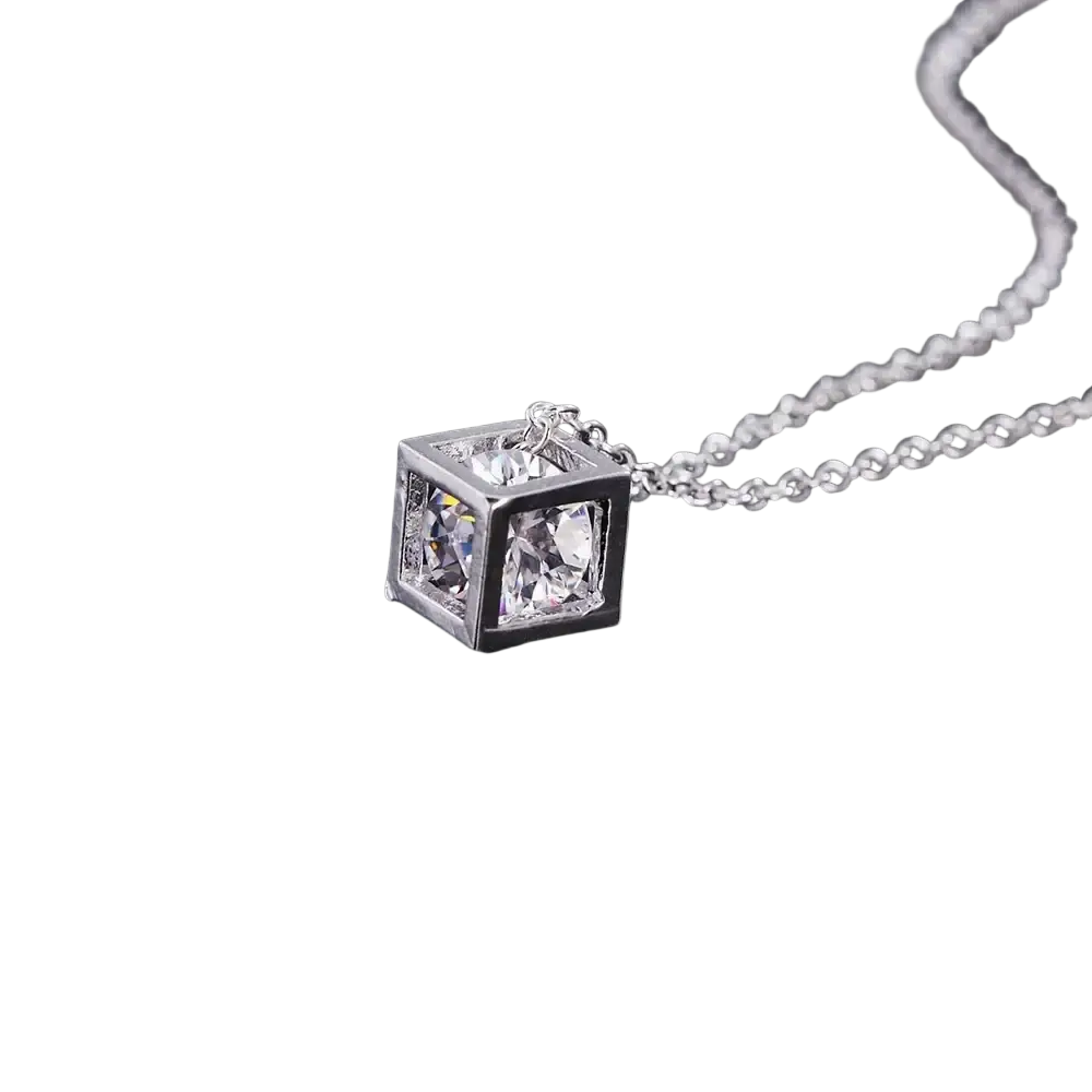 Silver square zircon pendant necklace featuring a silver cube design with clear cubic zirconia stones in a modern style