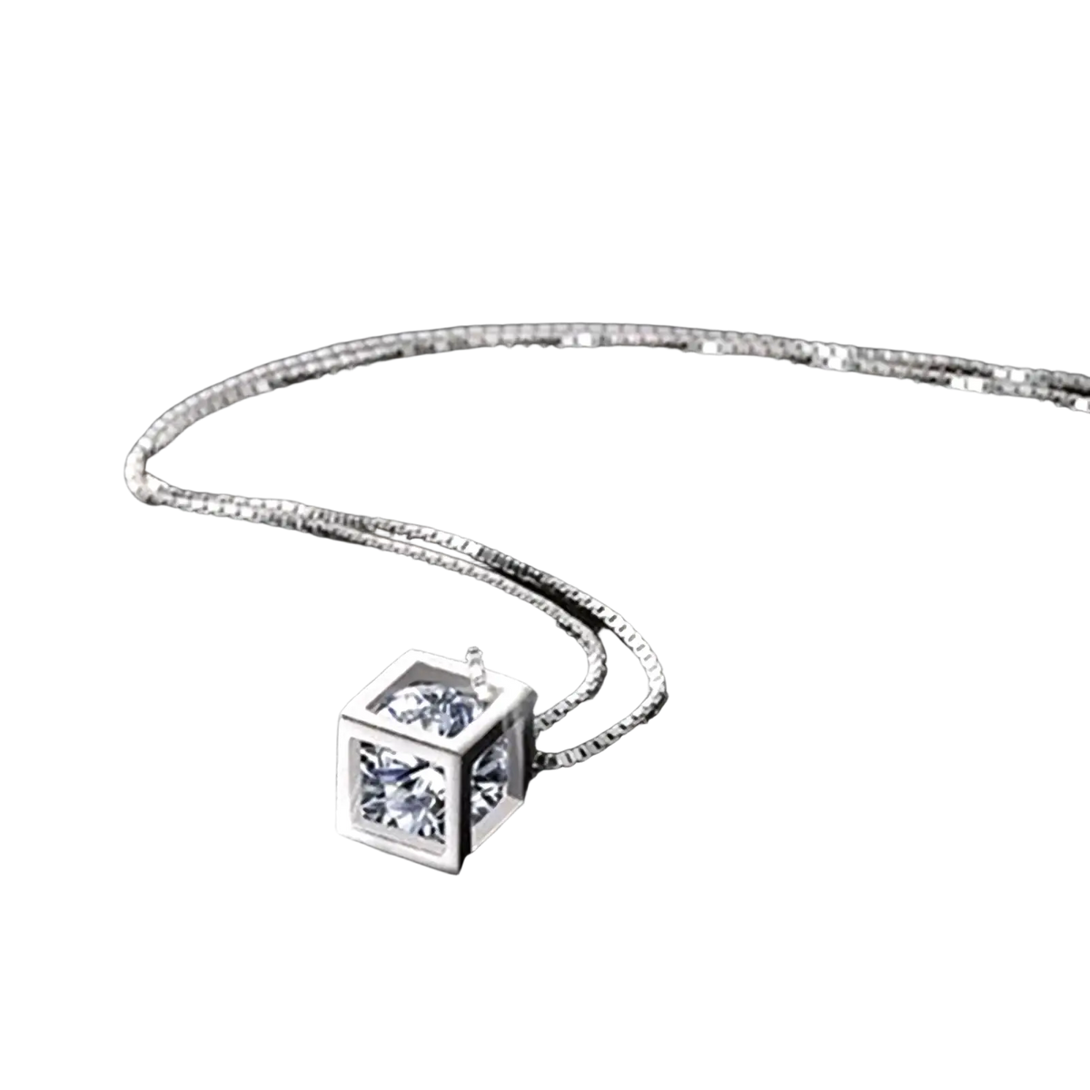 Silver square zircon pendant necklace featuring a sleek silver cube with clear cubic zirconia stones