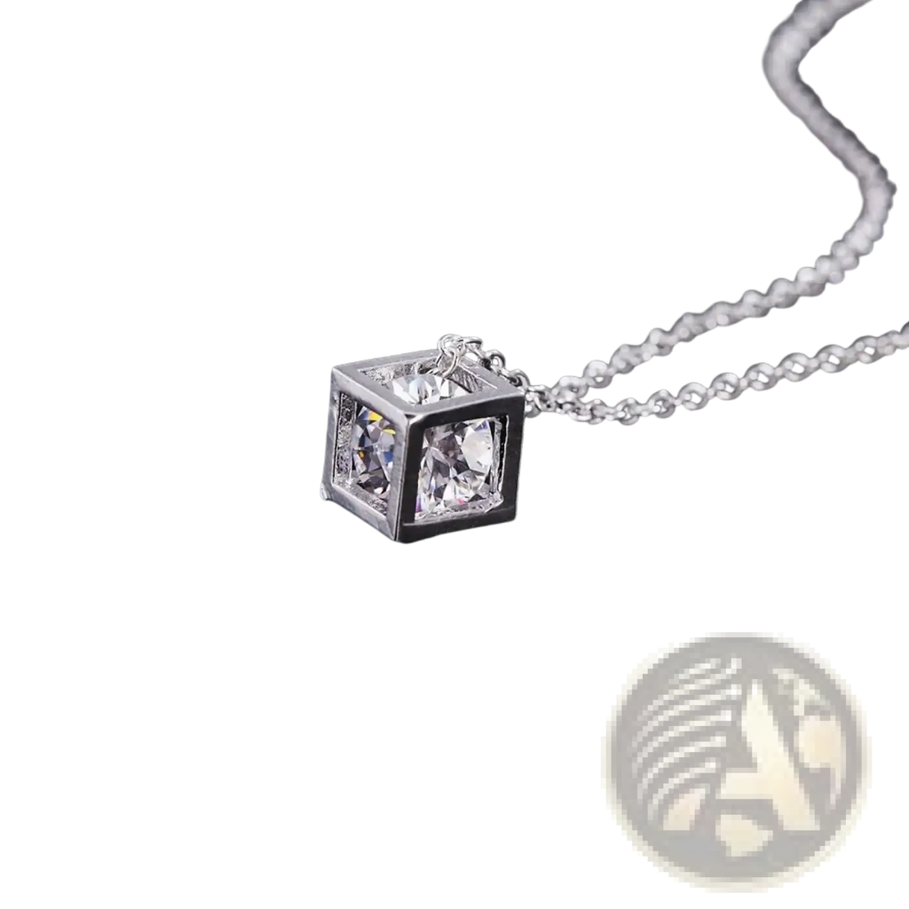 Silver square zircon pendant necklace with a silver cube design and clear cubic zirconia stones in a modern setting