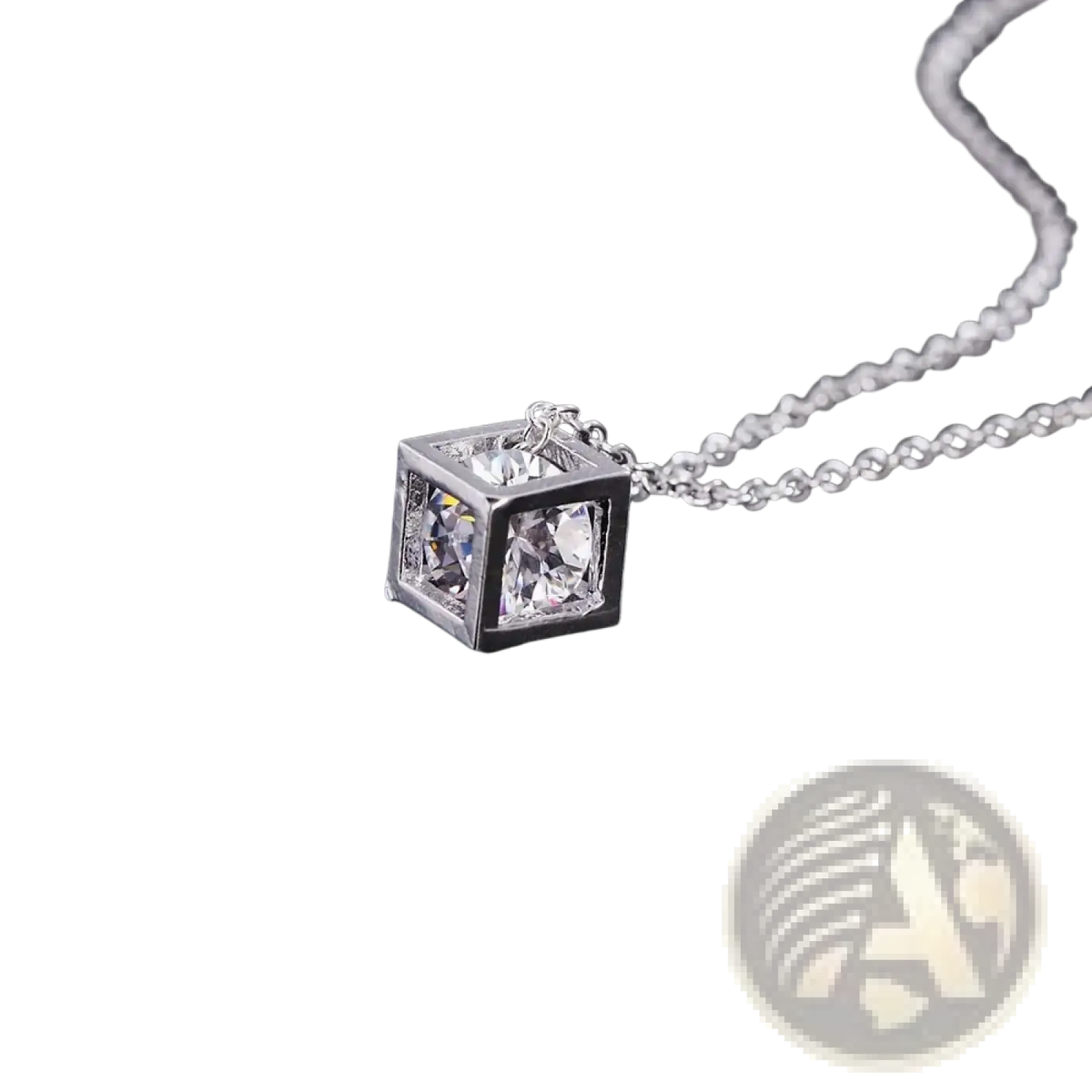 Silver square zircon pendant necklace with a silver cube design and clear cubic zirconia stones in a modern setting