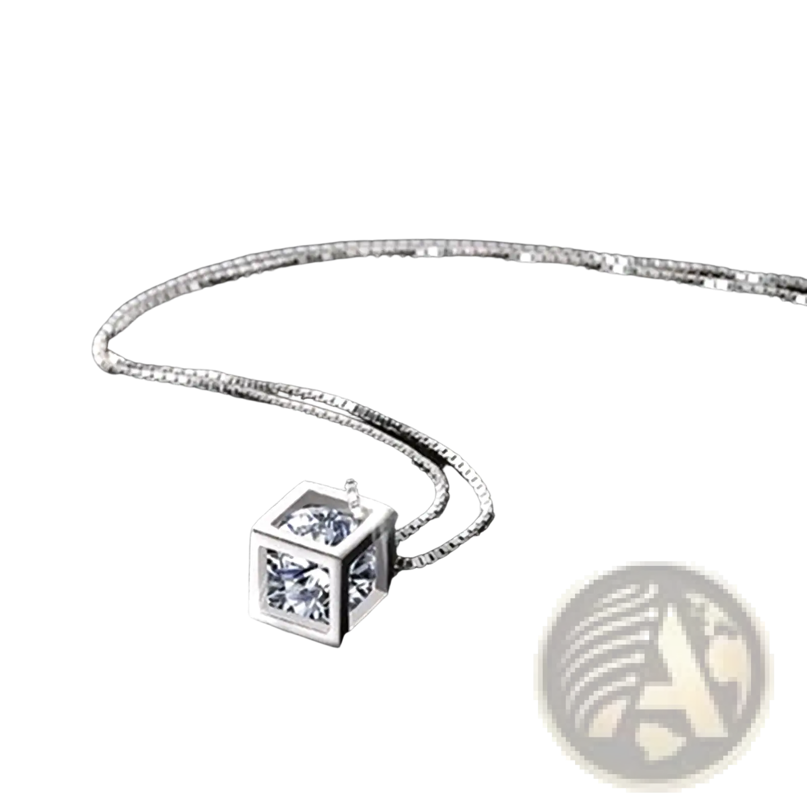 Silver square zircon pendant necklace featuring a silver cube with clear cubic zirconia stones in a modern design