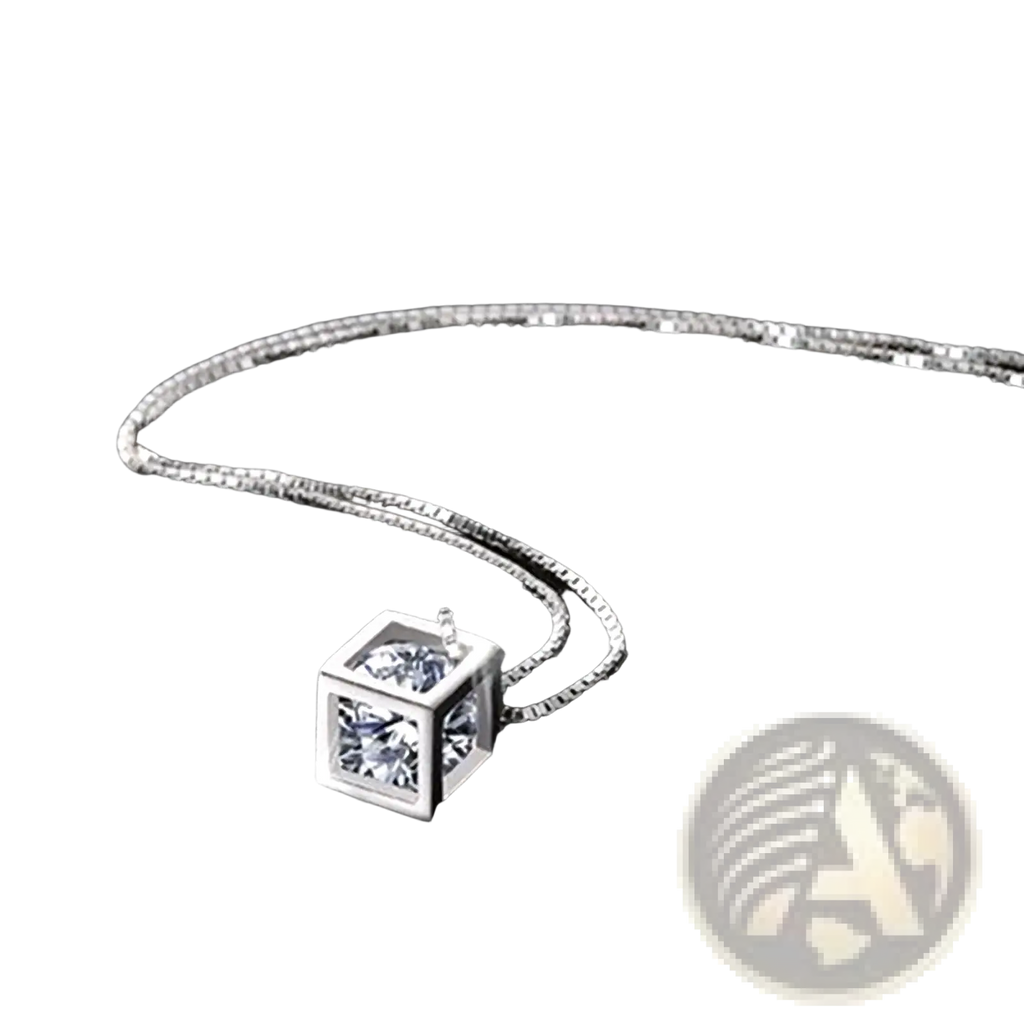 Silver square zircon pendant necklace featuring a sleek silver cube with clear cubic zirconia stones