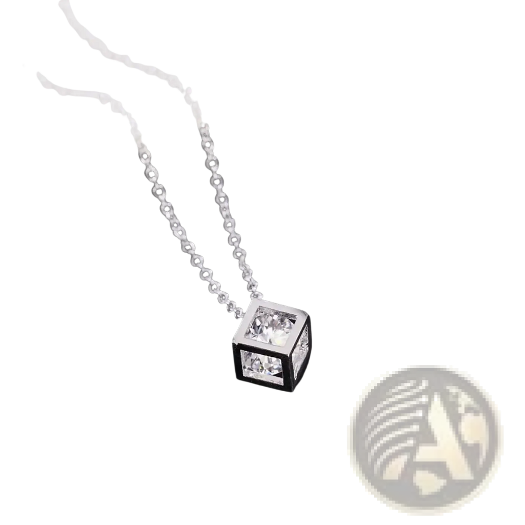 Silver square zircon pendant necklace with a delicate silver chain and a cubic pendant featuring four clear stones