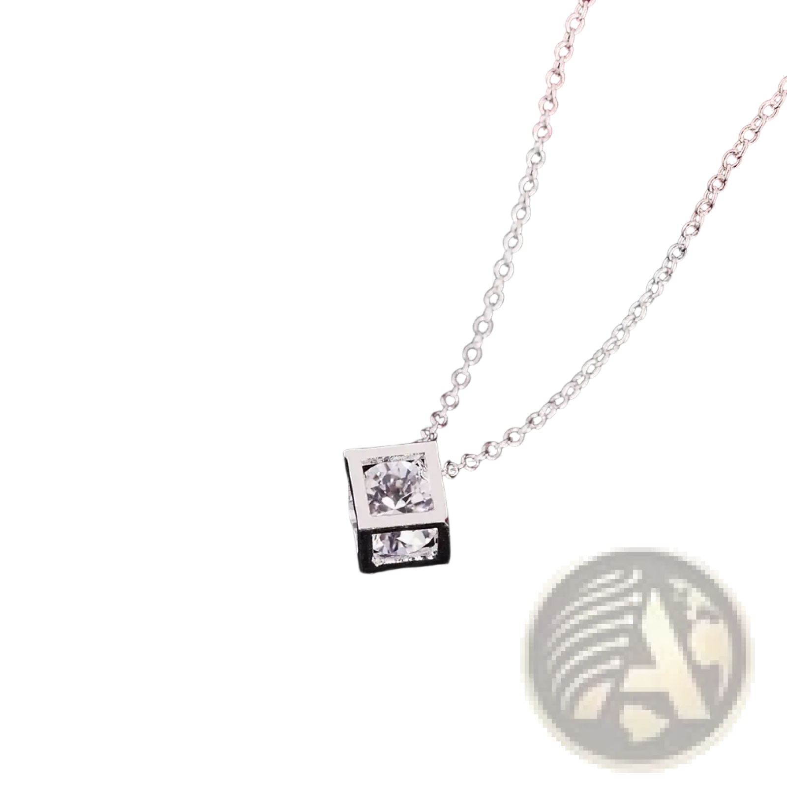 Silver square zircon pendant necklace featuring two clear faceted gemstones set in a sleek silver frame