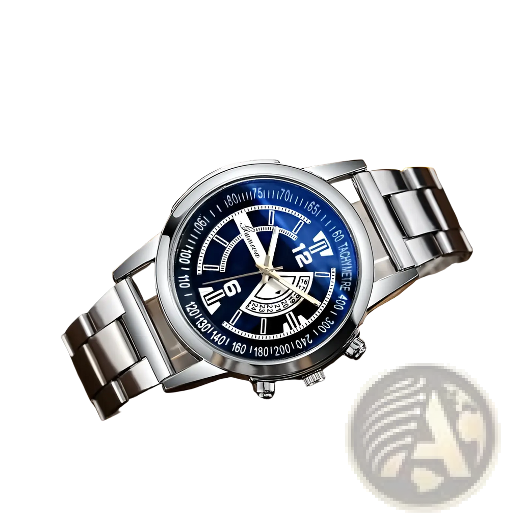 Silver stainless steel quartz chronograph watch with a deep blue dial, white markings, roman numerals, and three sub-dials