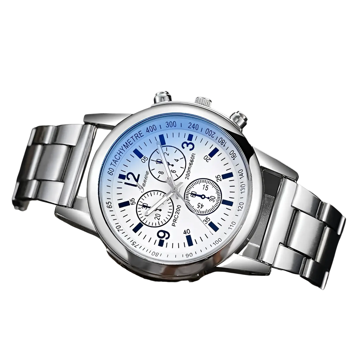 Silver stainless steel quartz chronograph watch with white dial blue tachymeter accents and three stopwatch subdials