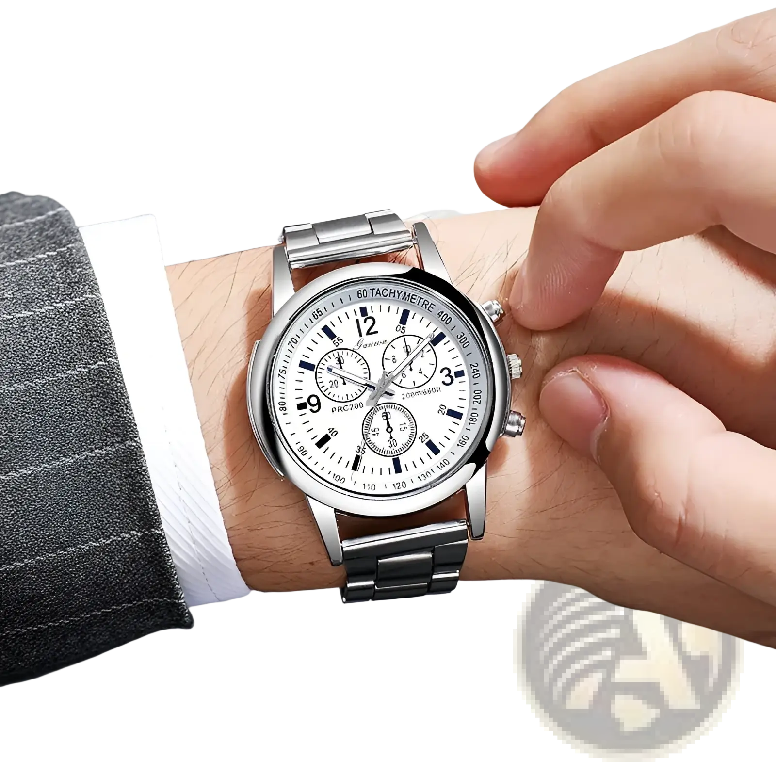 Silver stainless steel quartz chronograph watch with white dial black markers three sub-dials and tachymeter bezel