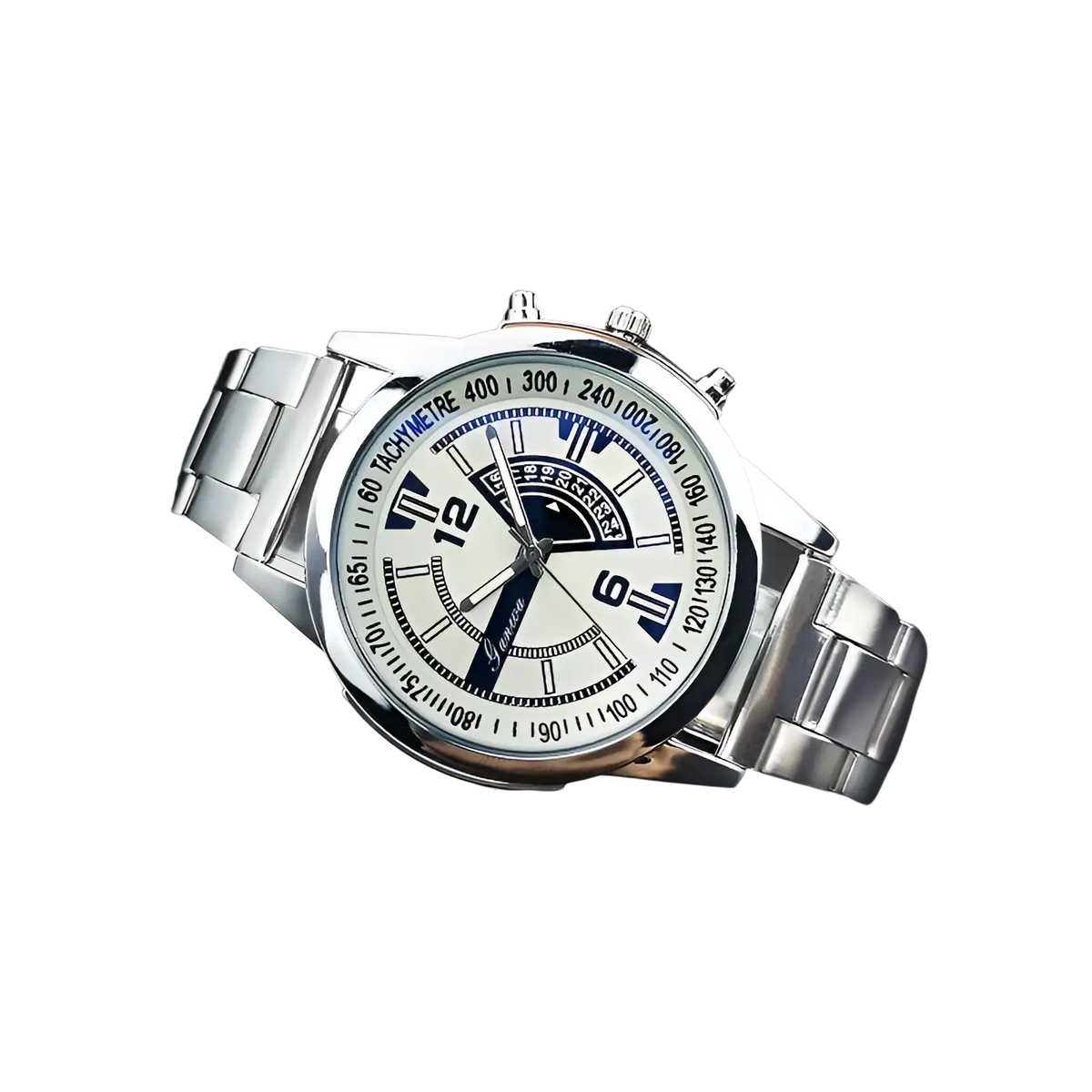 Silver stainless steel quartz chronograph watch with white dial black and blue markings and tachymeter bezel
